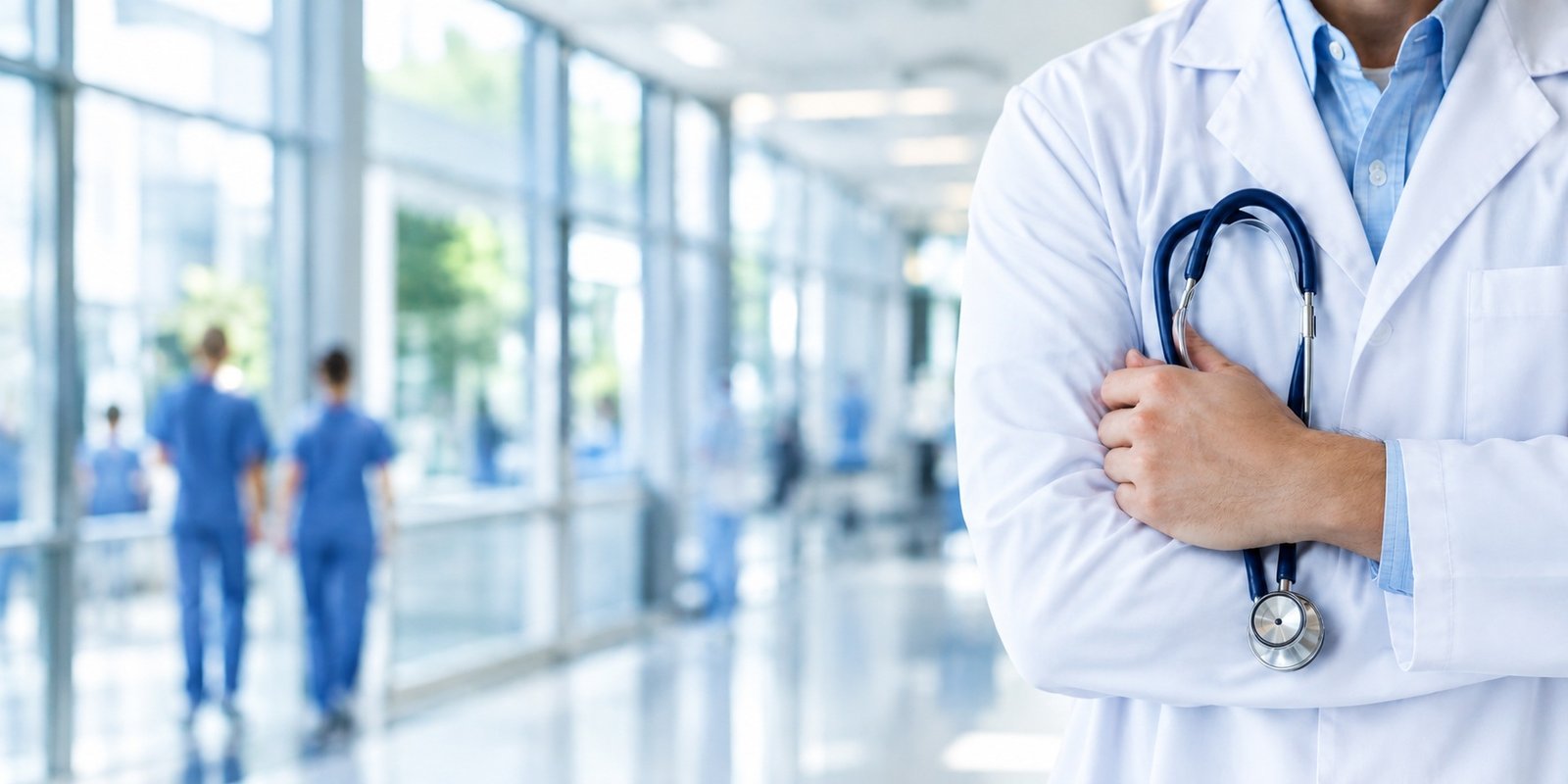 Arzt mit Stethoskop im Klinikflur